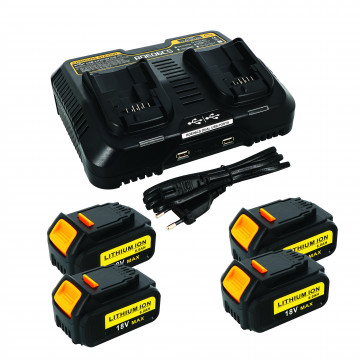Pack 4 batteries compatible Dewalt 18V 6Ah + 1 chargeur double